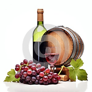 Vintage Grape Wine Bottle and Barrel Isolated on White Background. Generative ai