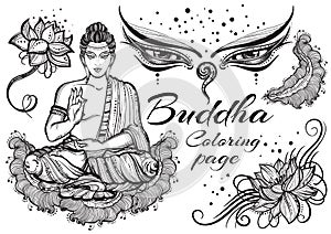 Vintage graphic Buddha set with buddhist sacred elements. Religious concept. High quality vector art isolated.
