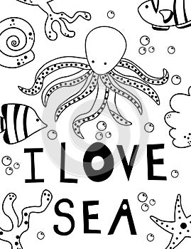 Vintage graphic card with sea and ocean flora and fauna. sea animals drawn in line art style on white background. EPS