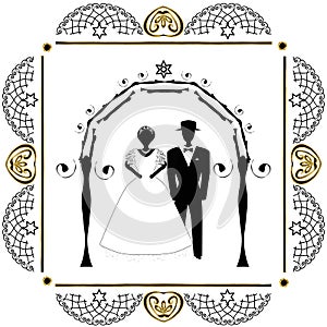 Vintage Graphic Chuppah. Arch for a religious Jewish Jewish wedding. The bride and groom under a canopy. Vector