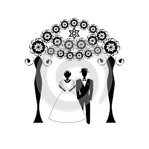Vintage Graphic Chuppah. Arch for a religious Jewish Jewish wedding. The bride and groom under a canopy. Vector illustration on is