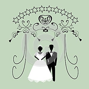 Vintage graphic Chuppah. Religious Jewish wedding canopy for. Bride and groom. Flat. Vector illustration on 