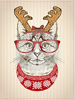 Vintage graphic poster with hipster cat with red glasses, dressed in deer horns hat and red knitted sweater