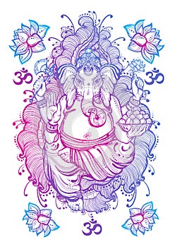 Vintage graphic style Lord Ganesha isolated artwork. High-quality vector illustration, tattoo art, yoga, Indian, spa, religion.
