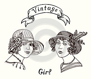 Vintage gravure 1920s style fashionable couple girls portrait in hat with flowers, hand drawn doodle, drawing, sketch illustration