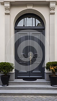 Vintage gray front door with stained glass windows on the facade of a house with stairs and potted plants, AI generated