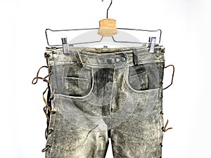 Vintage gray leather motorcycles pants with scraches