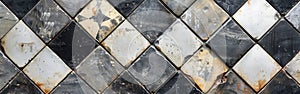 Vintage Gray and White Patchwork Chessboard Lozenge Tile Pattern on Worn Concrete Wall - Seamless Retro Texture Background