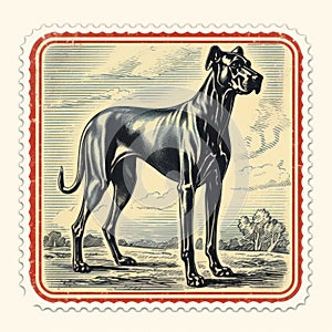 Vintage Great Dane Stamp Illustration In The Style Of Karen Knorr