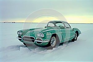 Vintage Green Car with White Dots in Snowy Field