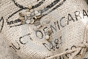 Organic Green Coffee Beans, Old Rustic Jute Bag, Cord, Wooden Table, Raw Grains, Craftsmanship, Exportation, Harvest photo