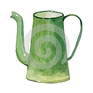 Vintage green coffeepot on white background photo