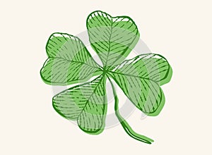 Vintage green lucky clover with four leaf in hand drawing style for Patrick\'s day