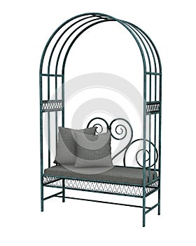 Vintage green metal arched garden bench seat with cushions. 3D rendering isolated on white background