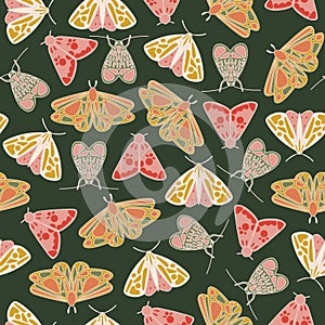 Vintage green moth butterflies seamless pattern