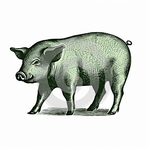 Vintage Green Pig Illustration: Detailed Engraving In Retro Graphic Design Style