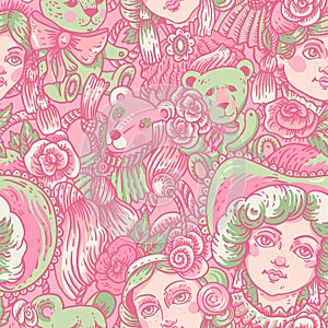 Vintage green and pink doll seamless pattern, vector flowers, needlework cartoon texture