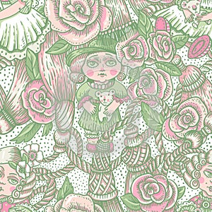 Vintage green and pink doll seamless pattern, vector flowers, needlework cartoon texture
