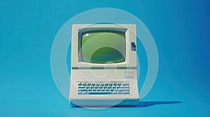 Vintage Green Screen Computer on Bright Blue Background Retro Computing Nostalgia