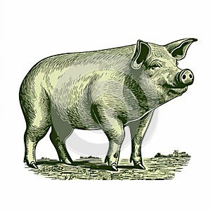 Vintage Green Wood Engraving Pig Vector Image In Daniel Clowes Style