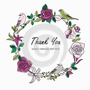 Vintage Greeting Card with Blooming Flowers and Birds. Thank You with Place for Your Text. Roses, Wildflowers, Vector