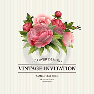 Vintage Greeting Card with Blooming peony and rose Flowers. Vector Illustration