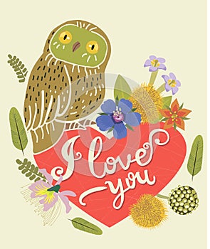 Vintage Greeting Card With Cute Owl. Heart And Floral Wreath. Beautiful Background. Can Be Used As Greeting Card.