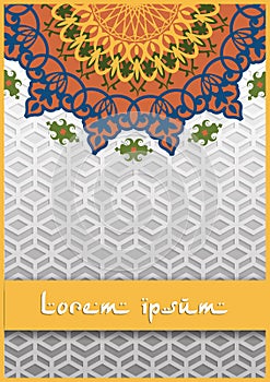 Vintage greeting card with swirls and floral motifs in retro style. Template frame design for card. Arabic style