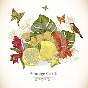 Vintage Greeting Card Tropical Fruit, Flowers