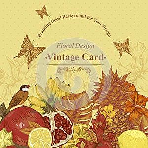 Vintage Greeting Card Tropical Fruit, Flowers