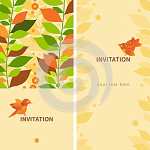 Vintage greeting cards with leaves and birds.