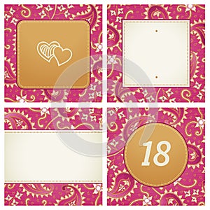 Vintage greeting cards with swirls and floral motifs in east style.