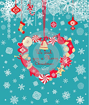 Vintage greeting mint color card for winter holidays with Christmas craft hanging wreath with red and gold toys