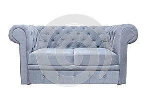 Vintage grey or blue fabric sofa isolated on white background, front view