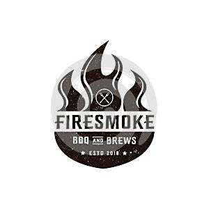 Vintage Grill Barbeque, barbeque with crossed fork and fire flame logo design