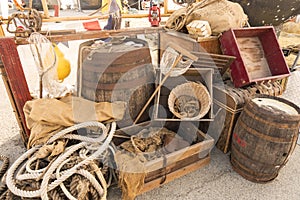 A Vintage Group with marine life style objects and of Old Nautical Boat Equipment exhibited in port of Granville, France