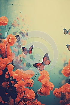 Vintage grunge background with glowing butterflies and double exposure white flowers