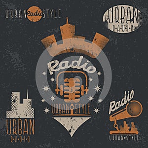 Vintage grunge labels of urban radio microphone and headpho