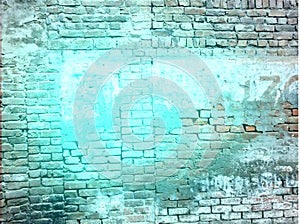 Vintage grunge old damaged blue brick wall textured banner background with lighting effects for your text or image.
