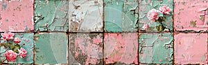 Vintage Grunge Floral Patchwork Stone Wall Texture - Aged Green and Pink Square Tiles Cement Background Banner