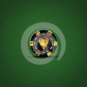 Vintage, grunge poker chip, on a dark green background. Hearts suit. Gambling