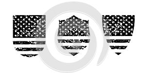 Vintage grunge shield with USA American flag set, black isolated on white background, vector illustration.