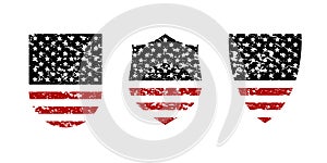 Vintage grunge shield with USA American flag set, black and red isolated on white background, vector illustration.