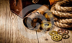 Vintage grunge still life. Antique items on wooden table