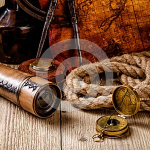 Vintage grunge still life. Antique items on wooden table