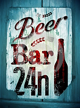 Vintage grunge style beer bar poster. Retro typographical vector illustration on wood background. Eps 10.