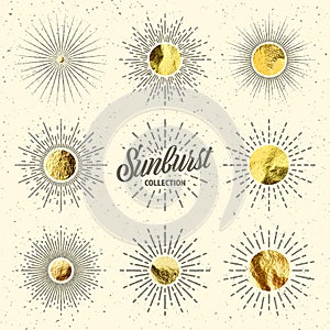 Vintage grunge sunburst sunset beams. Gold foil, shiny handmade circles. Golden glittering texture, pattern. Hand drawn