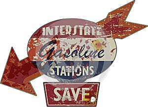 Vintage grungy american interstate highway gas station sign, retro distressed and weathered vector illustration