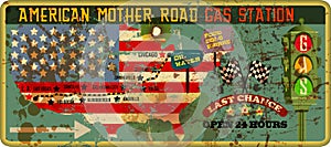 Vintage grungy american mother road gas station sign, retro distressed and weathered vector