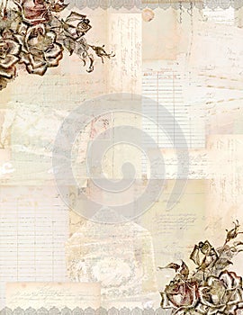 Vintage Grungy Antique Collage Background with flowers, and ephemera photo